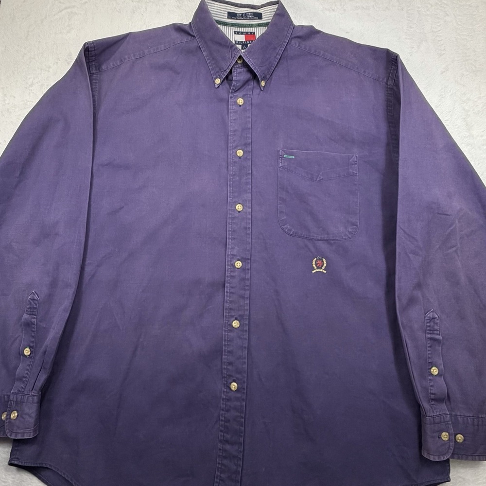 Vintage Tommy Hilfiger Crest Button Down Shirt Men's Long Sleeve Blue Size Large